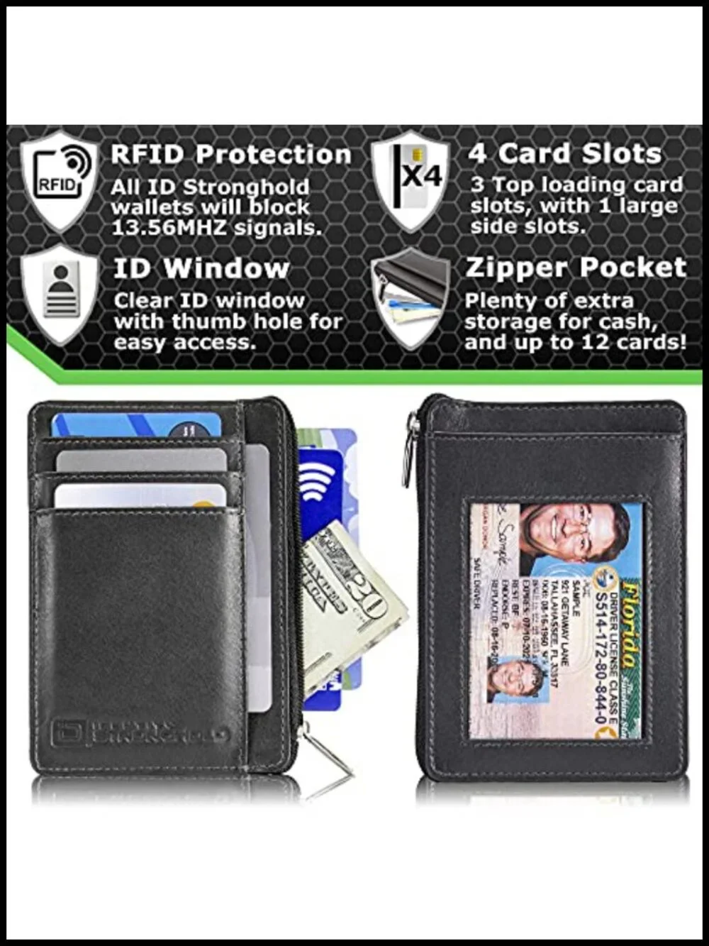 Genuine Leather RFID Front Pocket Wallet Minimalist Slim with Zipper
